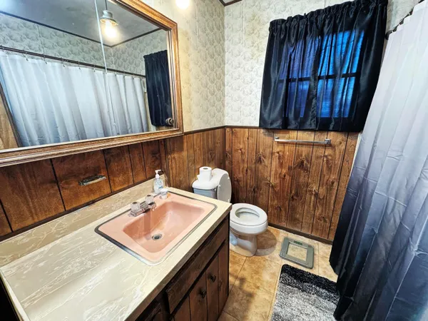 a bathroom with a sink a toilet and a mirror