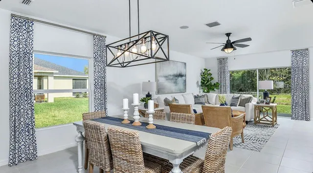 a view of a dining room with furniture window and outside view