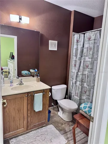 a bathroom with a sink a toilet a mirror and shower curtain