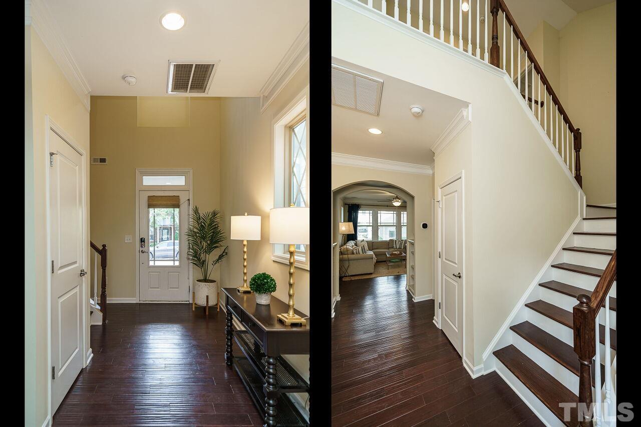 1568 Rodessa Run Raleigh, NC 27607 - Photo 3 of 25 a view of a hallway view with wooden floor and staircase