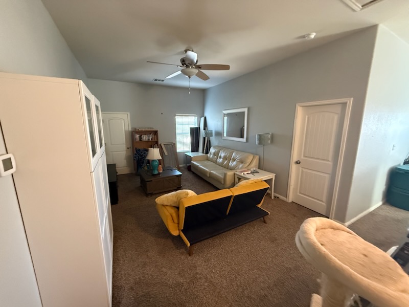 351 Wincliff Drive Buda, TX 78610 - Photo 7 of 25 Living area with dark carpet, a ceiling fan, and vaulted ceiling