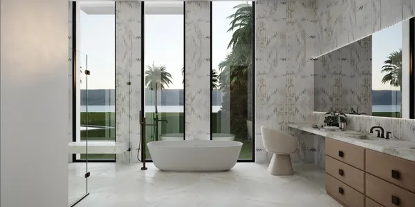 a bathroom with a tub sink and mirror