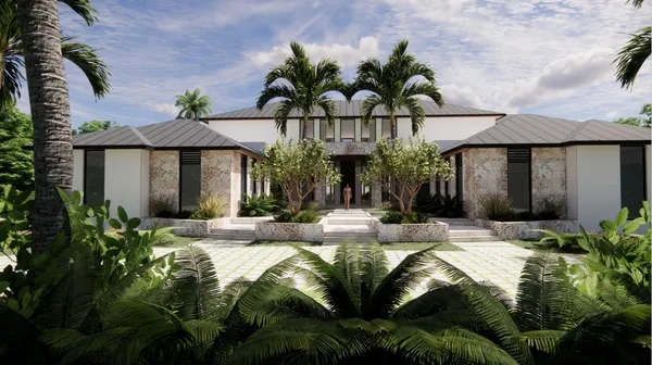 a view of a house with potted plants