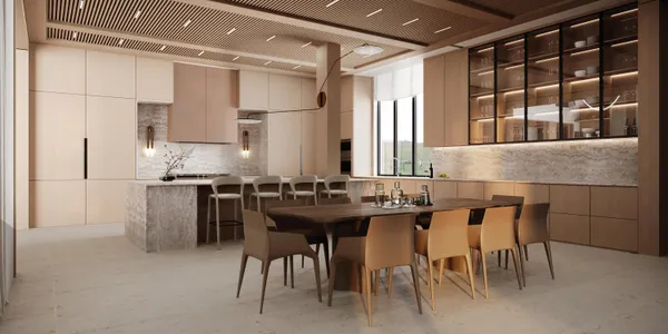 a kitchen with a table chairs sink and cabinets