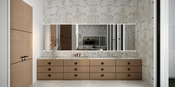 a bathroom with a double vanity sink and mirror