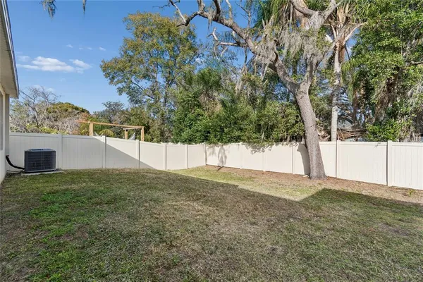 a view of a yard with large trees