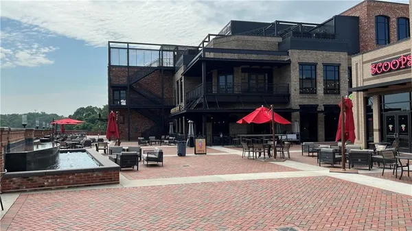 a view of water fountain in front of building