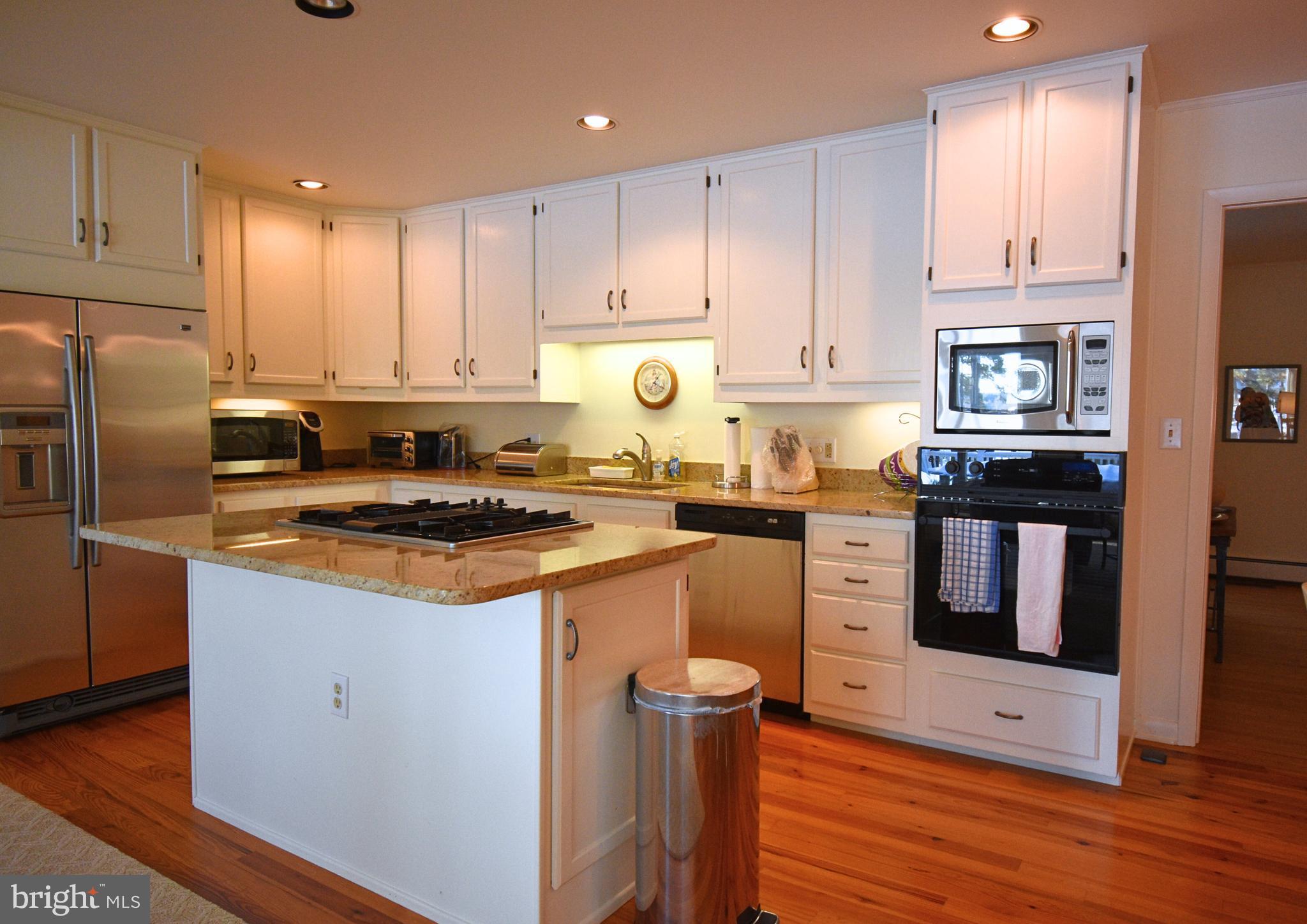 7361 Solitude Road St. Michaels, MD 21663 - Photo 14 of 23 a kitchen with stainless steel appliances granite countertop a stove top oven a refrigerator a sink and dishwasher with wooden floor