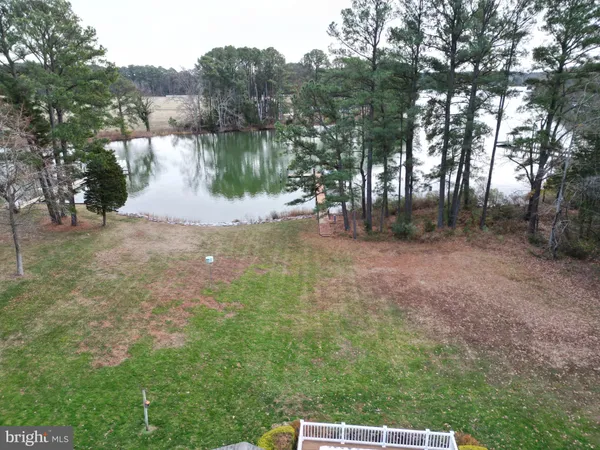 a view of a lake in between two chairs