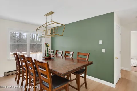 a view of a dining room with furniture and window