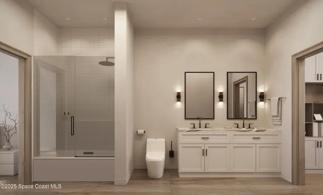 a bathroom with a double vanity sink mirror and shower