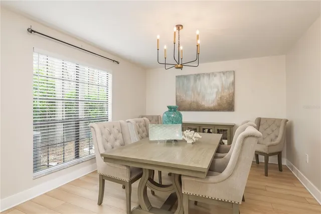 a view of a dining room with furniture window and outside view