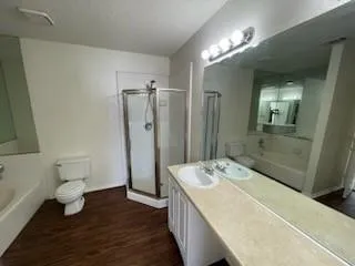 a bathroom with a sink a toilet and shower