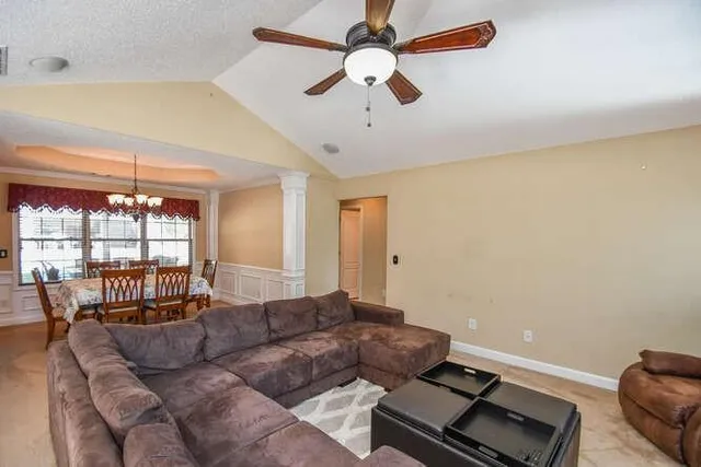 a view of a dining room with furniture