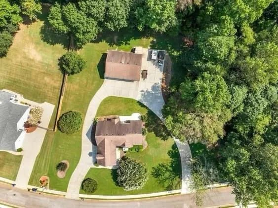 a aerial view of a house with a yard and potted plants