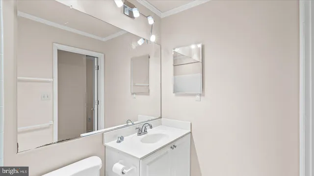a bathroom with a sink mirror and vanity