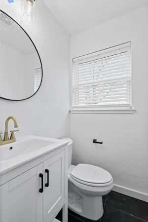 a bathroom with a sink a toilet and a mirror