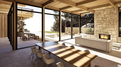 a dining room with furniture and a floor to ceiling window