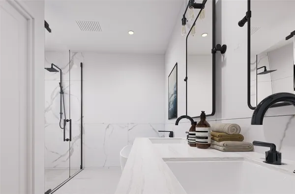 a bathroom with double vanity sink and a mirror