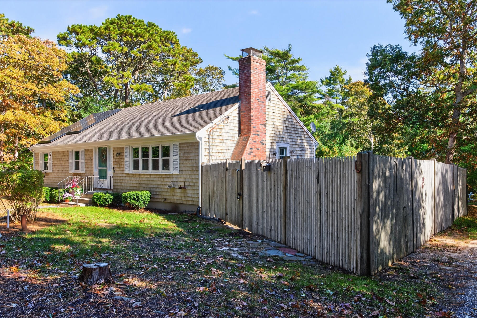 a view of a house with backyard and a tree