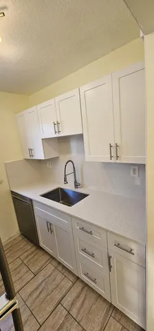 a kitchen with white cabinets a sink and dishwasher