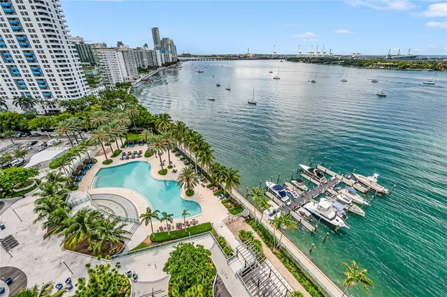 a view of a lake with a city