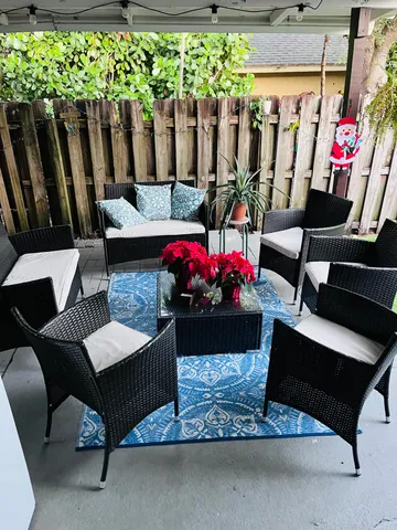 a view of outdoor dining space with a patio