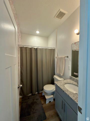 327 West Main Street, Unit 14 Santaquin, UT 84655 - Photo 18 of 20 Full bathroom featuring vanity, a shower with curtain, dark wood-style flooring, and recessed lighting
