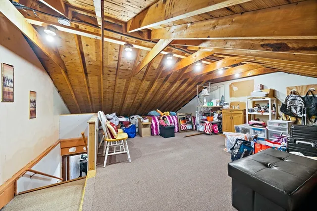 a view of a garage with storage