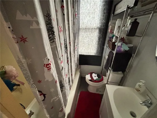 a bathroom with a sink a toilet a rug and a window