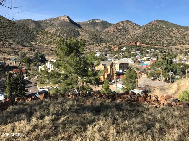 a view of a town with mountains in the background