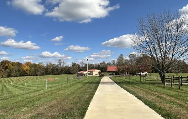 a view of field with trees in background