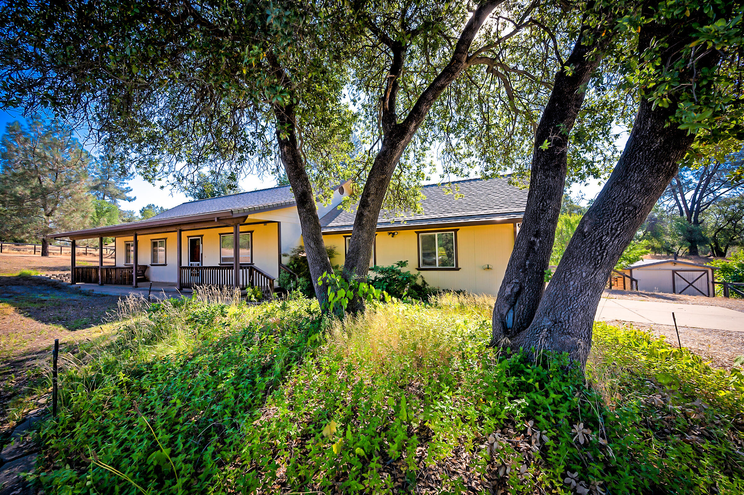 12265 Randolph Road Redding, CA 96003 - Photo 1 of 35 a view of a house with brick walls plants and large trees