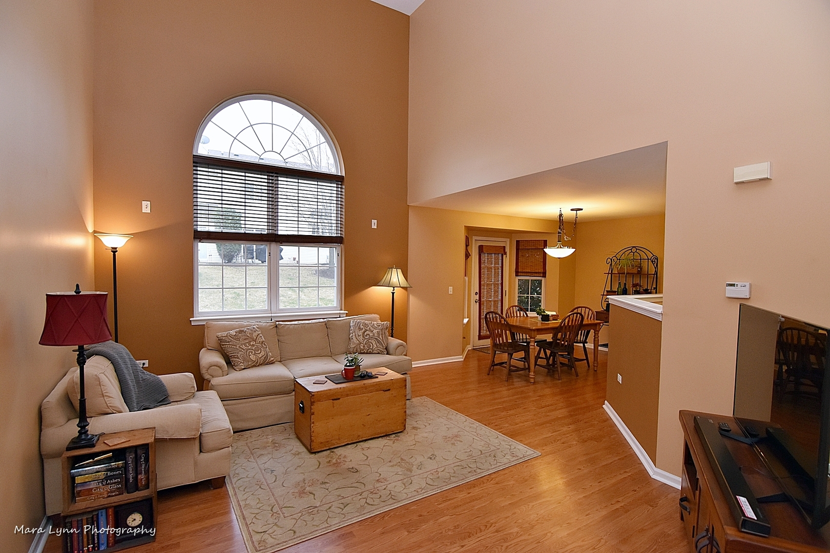 47 Rolling Oaks Road, Unit B Sugar Grove, IL 60554 - Photo 3 of 22 a living room with furniture a dining table and a flat screen tv with kitchen view