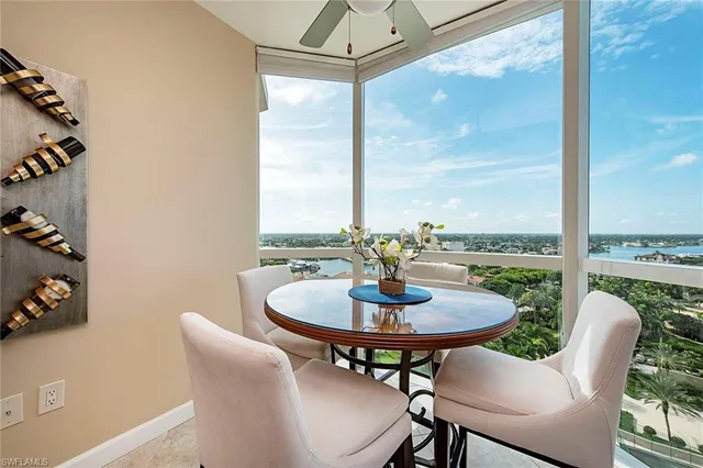 a view of a dining room with furniture window and outside view