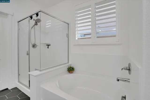 a bathroom with a bathtub and a shower