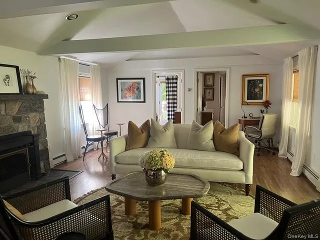 a living room with furniture and a fireplace