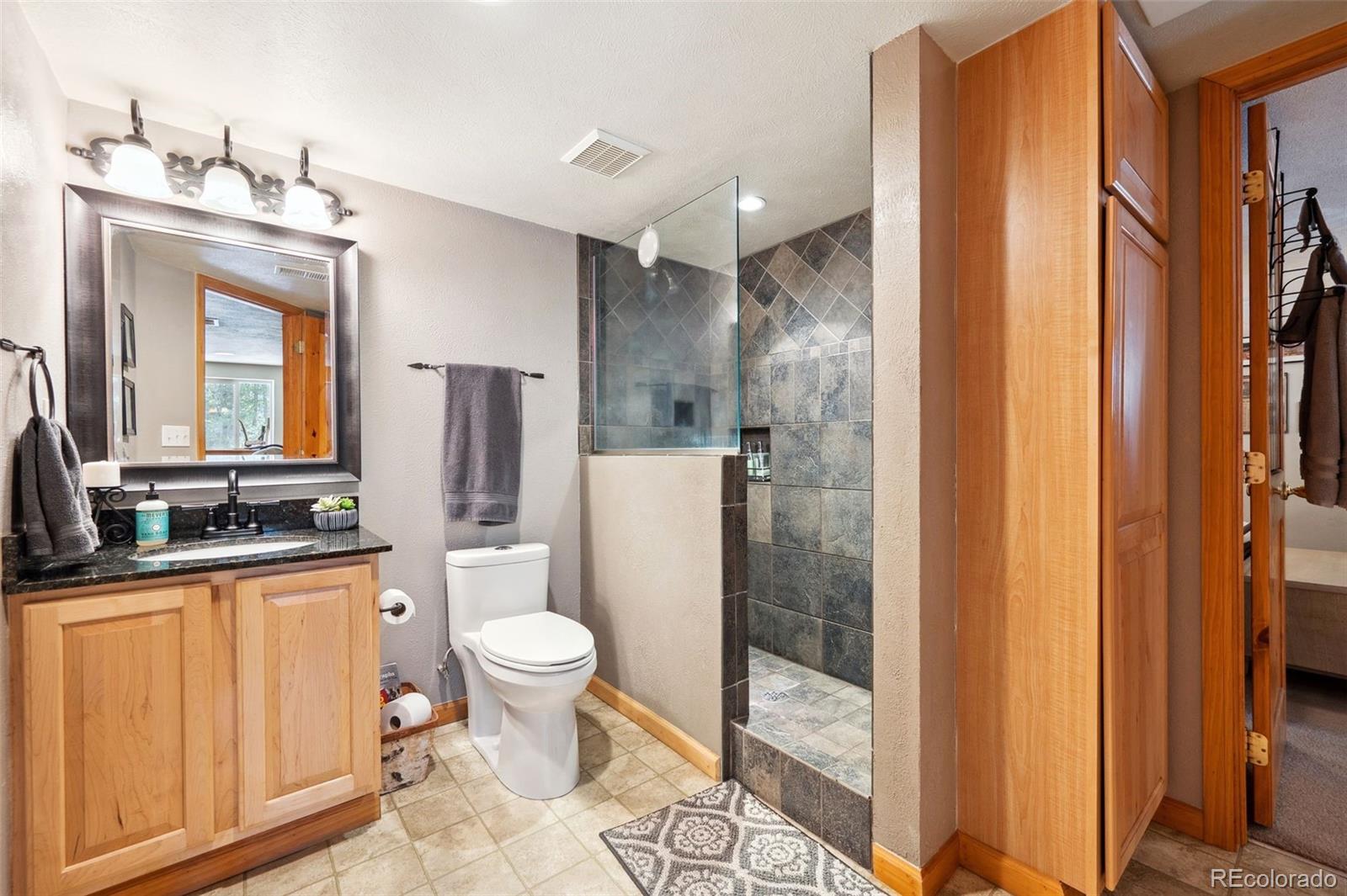 266 Lodgepole Drive Evergreen, CO 80439 - Photo 23 of 45 a bathroom with a granite countertop sink toilet and shower