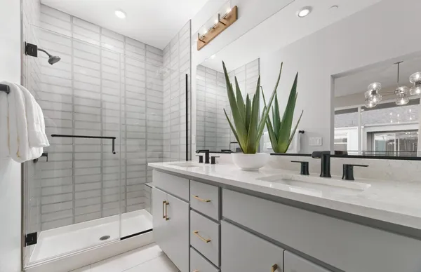 a bathroom with double vanity sink a mirror and shower