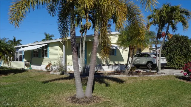 a view of a backyard with a fountain plants and palm tree