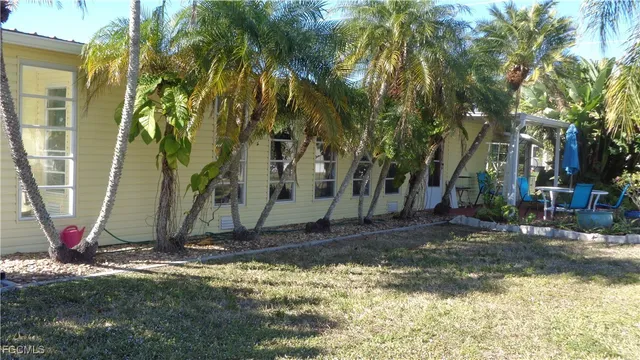 a view of a backyard with large tree