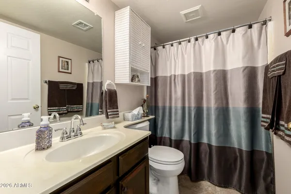 a bathroom with a sink a toilet a mirror and shower curtain