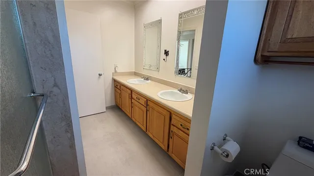 a bathroom with a sink a mirror a vanity and shower
