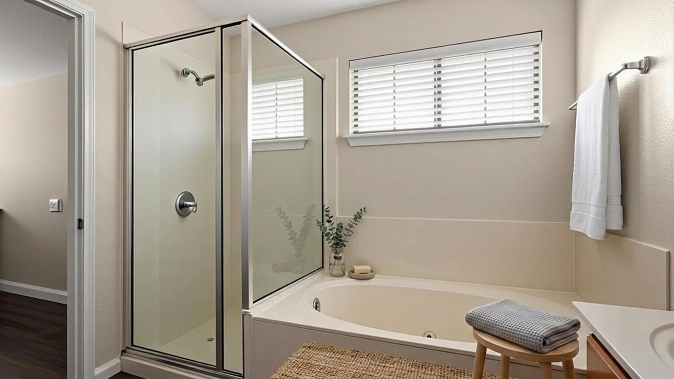 14815 Avery Ranch Boulevard, Unit 1401 Austin, TX 78717 - Photo 16 of 38 Bathroom featuring a glass-enclosed shower, a built-in tub with deck, a window with blinds, and neutral-toned walls