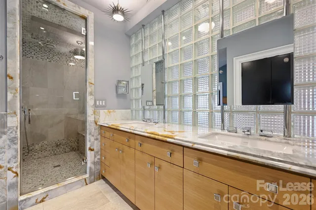 a bathroom with a double vanity sink mirror and shower