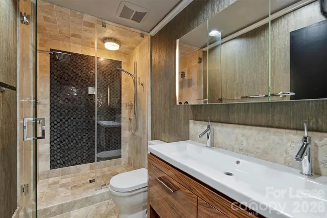 a bathroom with a sink and mirror with toilet