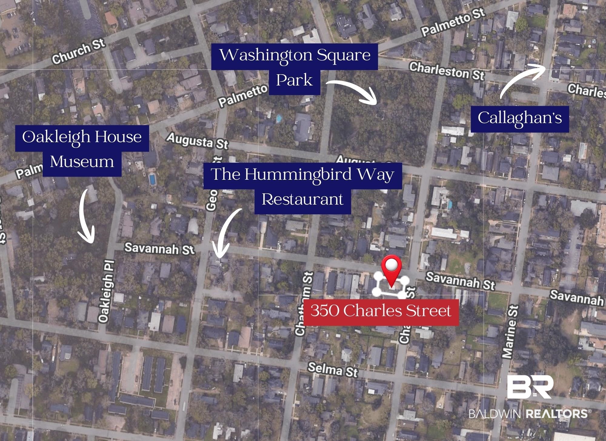 350 Charles Street Mobile, AL 36604 - Photo 42 of 52 Location Map. Indicating the property's street address and nearby points of interest