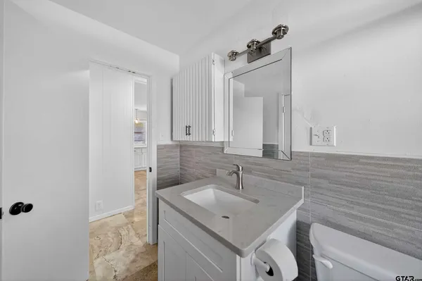 a bathroom with a sink a toilet and mirror