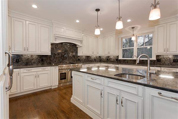 56 Broken Tree Road Newton, MA 02459 - Photo 7 of 30 a kitchen with stainless steel appliances granite countertop a sink a stove and a granite counter tops with wooden floors