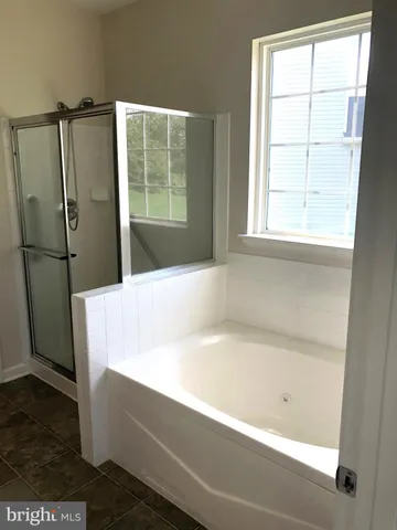 a bathroom with a tub a sink and a window